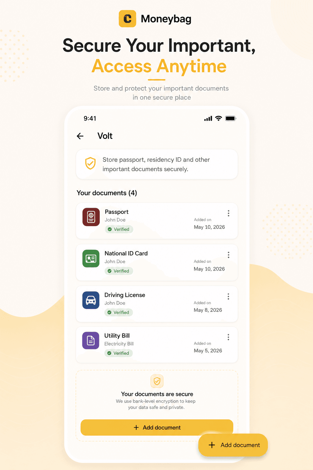 Moneybag Volt — secure document vault